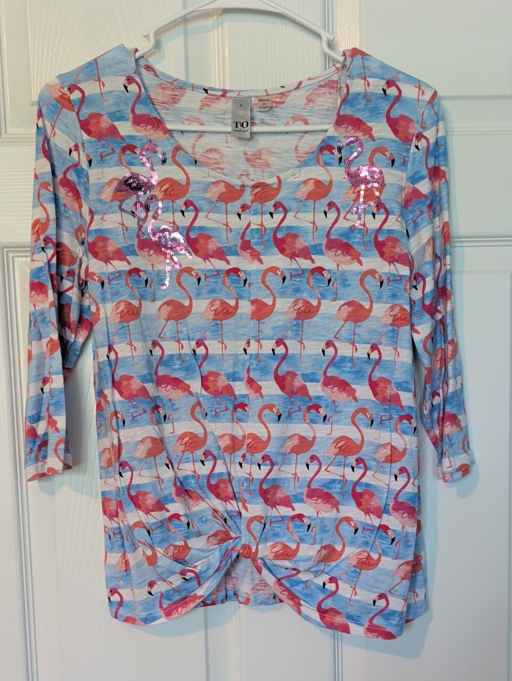 Womens Small Blue & Pink Flamingo Print Top with Sequins 3/4 Sleeve